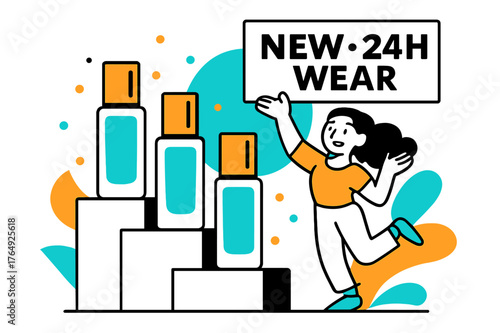 Vibrant Shelf Display. Shelf Display Mockup. Tiered risers present bottles at clean angles; a bold card proclaims ?NEW ? 24H Wear.? Confetti dots sparkle like