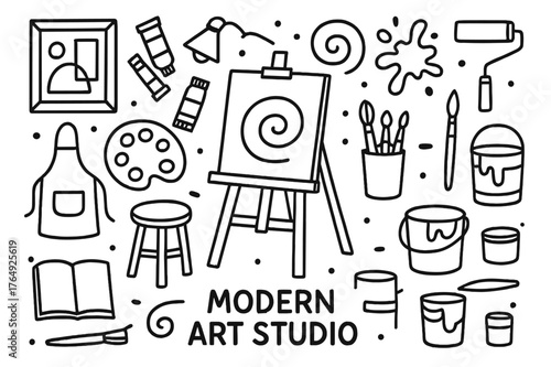 Modern Art Studio Icons. Modern art studio. Hand-drawn doodle illustration modern art studio easel, paint tubes, palette, brushes, stool, apron, splatter,