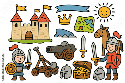Colorful Conquest Doodle. territory conquest. Colorful Hand-drawn doodle Children illustration territory conquest castle, soldiers, sword, shield, flag, crown,
