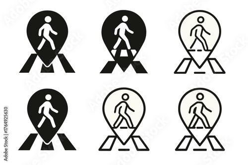 Harmonious Map Logos. A person navigating a city street with a map or GPS on their phone. Set Logo of pedestrian crosswalk with pin: harmonious logo variations