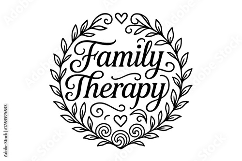 Elegant Ornamental Lettering. Family Therapy ? flourished classic ornamental lettering; medium-weight strokes with elegant swashes and balanced curls; circular