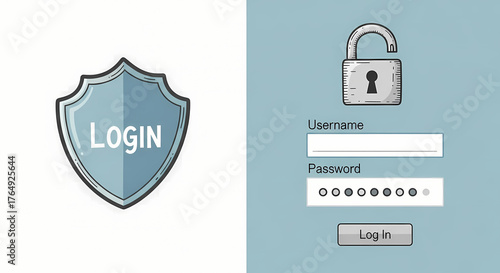 Login screen with shield and form for user authentication. Secure login shows user interface elements for logging in, password and username entry fields.