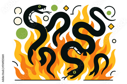 Serpents in Flames. Writhing Serpents in Fire. Serpents twisting through fire and smoke with floating abstract geometric shapes, intense and dramatic scene.