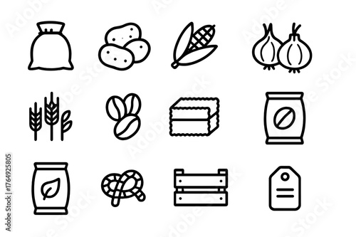 Farm Goods Icons. Farm goods. Line icon set of farm goods: burlap sack, potatoes, corn, onions, wheat grains, coffee beans, hay, seed bag, fertilizer bag, tied