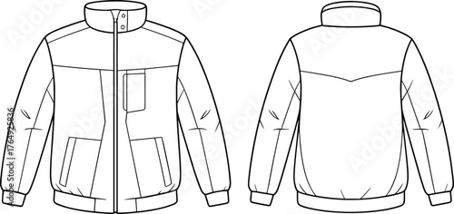 Men’s technical jacket flat sketch, front and back view, high collar, zip closure, ribbed cuffs, fashion design template, garment construction illustration