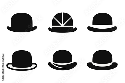 Stylized Hat Logos. Hats and Fedoras. Set Logo of Bowler Hat: Filled silhouette, Abstract geometric, Negative space, Symmetrical form, Stylized detail, Iconic
