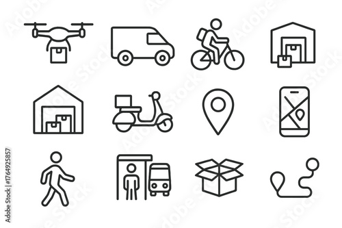 Smart Delivery Icons. Smart delivery solutions. Line icon set of smart delivery solutions: drone, delivery van, bicycle courier, package, warehouse, scooter,