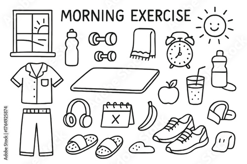 Morning Fitness Icons. Morning Exercise. Hand-drawn doodle illustration Morning Exercise yoga mat, dumbbells, stretching, water bottle, alarm clock, sun,