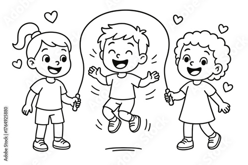 Jump Rope Happiness. Jump rope joy children?s coloring book illustration, outlined drawing, three happy kids playing jump rope together with motion lines and