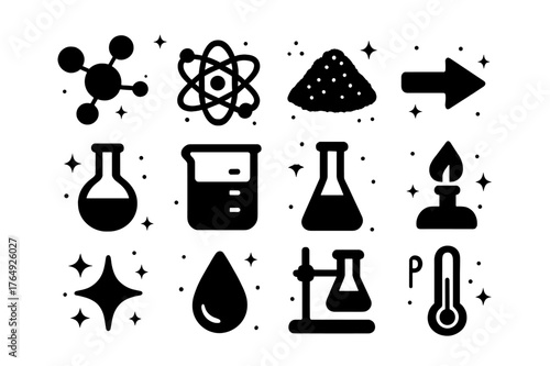Chemical Science Icons. Chemical Science. Solid icons set of Chemical Science: molecule, atom, catalyst powder, reaction arrow, flask, beaker, test tube,