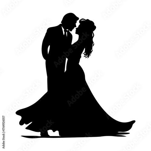 Silhouette of a bride and groom embracing each other in a romantic pose at their wedding ceremony event