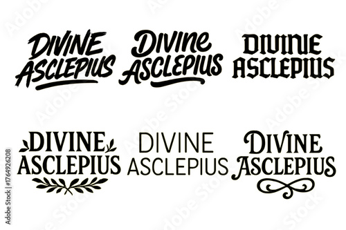 Diverse Lettering Grid. Divine Asclepius. Set lettering. harmonious lettering variations of the same emblematic concept (Dynamic brushstroke graffiti