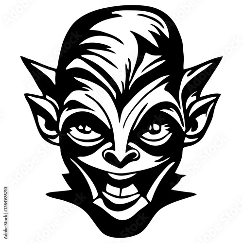 Illustration of a black and white goblin face with pointed ears and a sinister grin on a white background