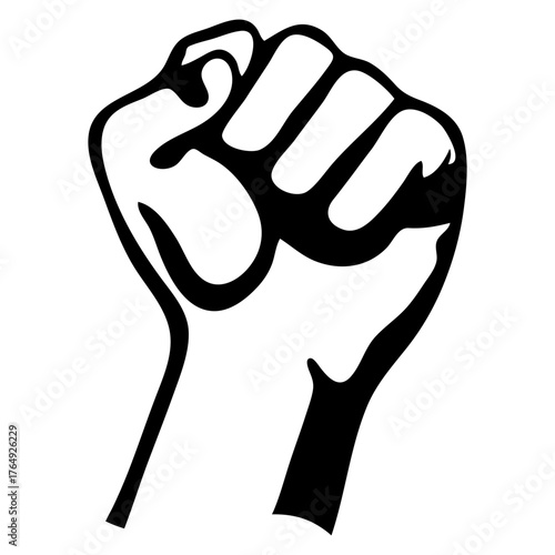 Illustration of a clenched fist raised in the air symbolizing solidarity and resistance in black and white