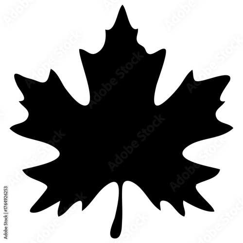Silhouette of a maple leaf with distinct lobes and veins against a plain white background image viewable