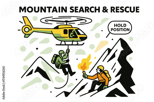 Rescue on Snowy Ridge. Mountain Search & Rescue. A helicopter hovers beside a snowy ridge as a rescuer lowers on a line; a flare of orange marks the stranded
