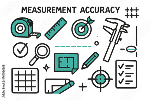Measurement Tools Doodle. // Measurement accuracy. Hand-drawn doodle illustration Measurement accuracy [tape measure (accented), ruler (accented), target