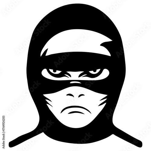 Illustration of a person wearing a black balaclava with an intense and serious expression on their face