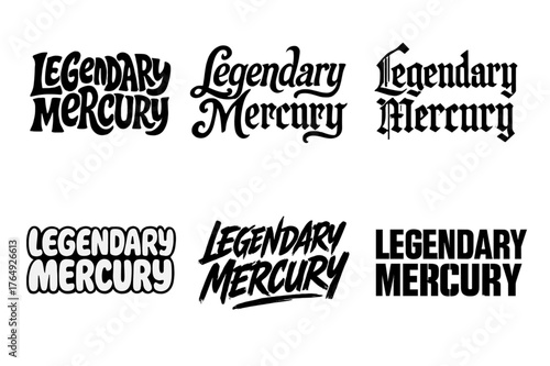 Typography Styles Grid. Legendary Mercury. Set lettering. harmonious lettering variations of the same emblematic concept (Funky cartoon-style lettering,