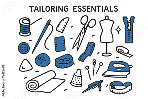 Tailoring Essentials Icons. // Tailoring essentials. Hand-drawn doodle illustration Tailoring essentials [needle (accented), scissors, thread spool (accented),