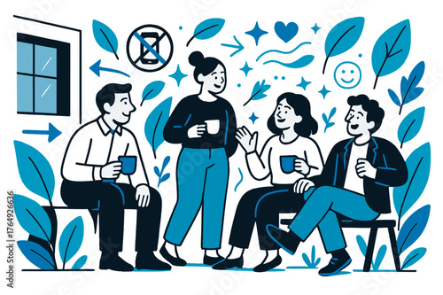 Outdoor Tea Break. Digital detox for employees. Group enjoying tea break outside office with abstract floating leaves, icons, and sparkles; conveys relaxation,