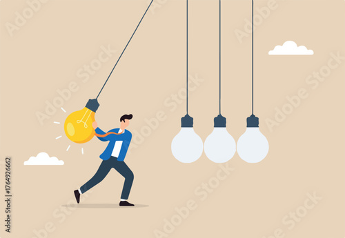 Flat illustration of businessman swinging glowing lightbulb as pendulum to spark creativity innovation and knowledge transfer