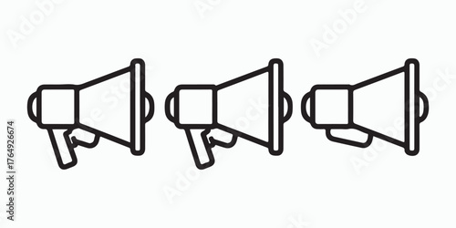 Three megaphone icons in a row, representing announcement, promotion, and communication in a minimalist line art style