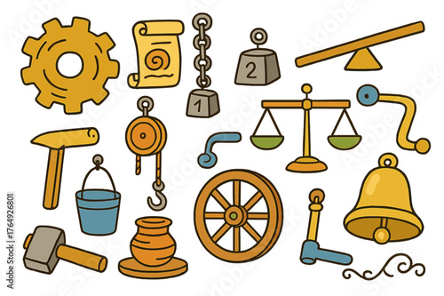 Colorful Early Machines. Early machines. Colorful Hand-drawn doodle Children illustration Early machines bronze gear, pulley, lever, balance scale, wheel,