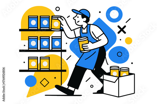Organizing with Geometric Flair. Restocking Supplies. Store employee organizing canned goods on shelves with floating abstract geometric shapes, clean and