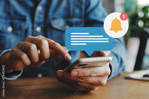 closeup of hands using phone for online chat and push notifications