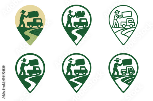 Farmer Hay Delivery Logos. A farmer loading hay onto a truck to deliver to market. Set Logo of A farmer loading hay onto a truck to deliver to market: rural