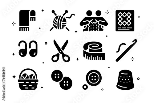 Knitting Tools Icons. Knitting Session. Solid icons set of Knitting Session: scarf, knitting needles, yarn ball, hands, pattern chart, stitch