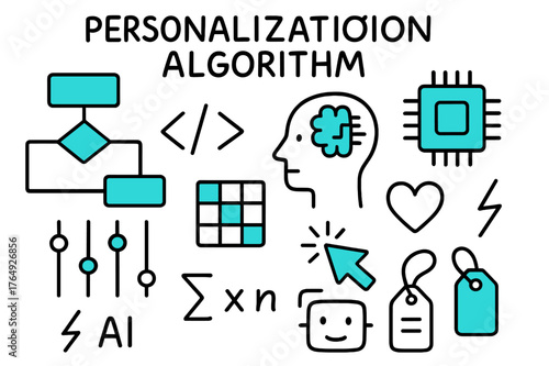 Personalization Algorithm Doodle. // Personalization algorithm. Hand-drawn doodle illustration Personalization algorithm [flowchart (accented), code brackets