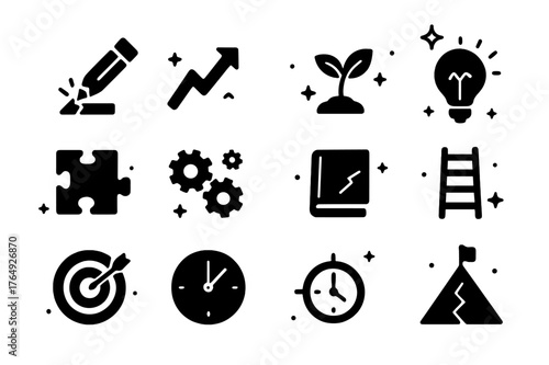 Failure as Growth. Failure as Step. Solid icons set of Failure as Step: broken pencil, upward arrow, plant sprout, seedling, light bulb, puzzle piece, gears,