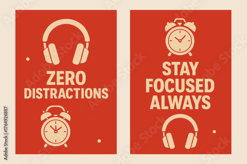 Zero Distractions Banners. Zero distractions. Two vertical A6 banners with safe margins, centered composition, no elements touching edges, flat vector design,