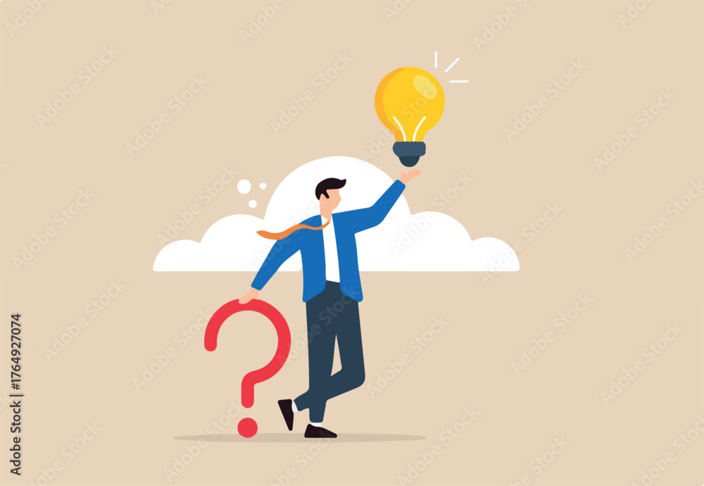 Obraz premium Flat illustration of smart businessman holds question mark sign alongside lightbulb representing creative problem-solving ideas