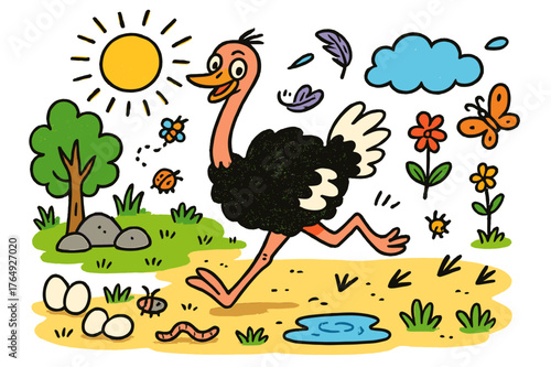 Running Ostrich Doodle. ostrich running. Colorful Hand-drawn doodle Children illustration ostrich running ostrich, grass, sand, sun, cloud, rocks, tree,