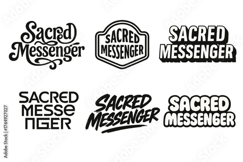 Sacred Messenger Variations. Sacred Messenger. Set lettering. harmonious lettering variations of the same emblematic concept (Whimsical curly type with