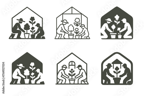 Gardening Logo Variations. Gardeners planting flowers and shrubs. Set Logo of Gardeners planting flowers and shrubs: greenhouse outline with potted shrubs and