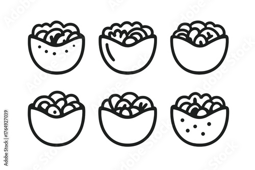 Pita Pocket Logos. Stuffed Pita Pockets. Set Logo of Pita Sandwich Collection: Minimal outline, Negative space, Flat solid, Symmetrical form, Stylized detail,