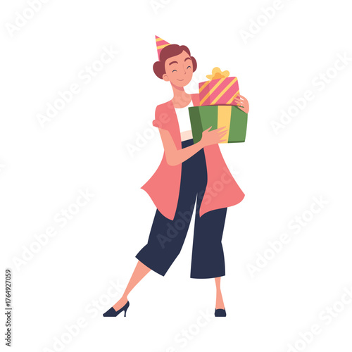 Woman Character on Holiday with Gift Box Celebrating Birthday Party Vector Illustration