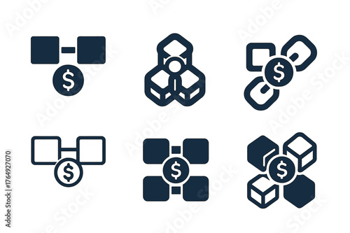 Blockchain Finance Logos. Blockchain and finance. Set Logo of Blockchain and finance: linked ledger blocks with coin. harmonious logo variations of the same