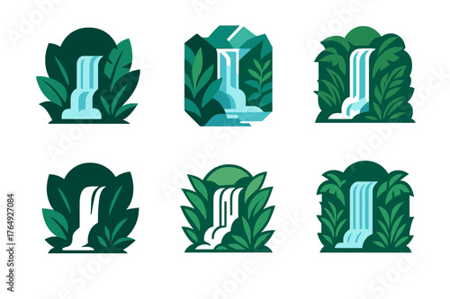 Rainforest Waterfall Logos. Rainforest waterfall. Set Logo of Rainforest waterfall: cascade behind foliage. harmonious logo variations of the same emblematic