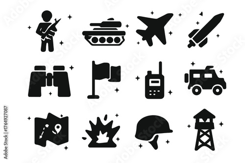 Military Icons Grid. Enemy Forces Advancing. Solid icons set of Enemy Forces Advancing: soldier, tank, jet, missile, binoculars, flag, map, radio, armored