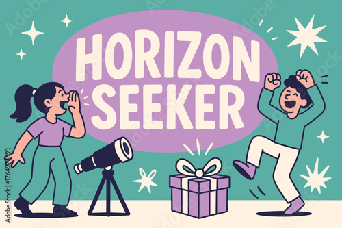Horizon Seeker Celebration. Horizon seeker banner, flat vector illustration, bold oversized text inside rounded blob, cartoon characters shouting and dancing,