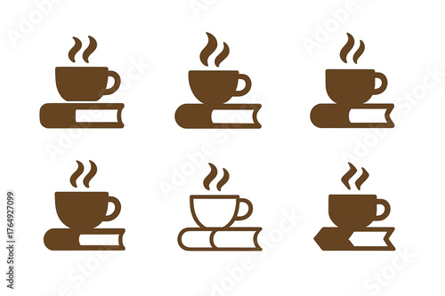 Book and Coffee Logos. Books and Reading. Set Logo of Books and Reading: a steaming coffee cup beside a hardcover book. harmonious logo variations of the same