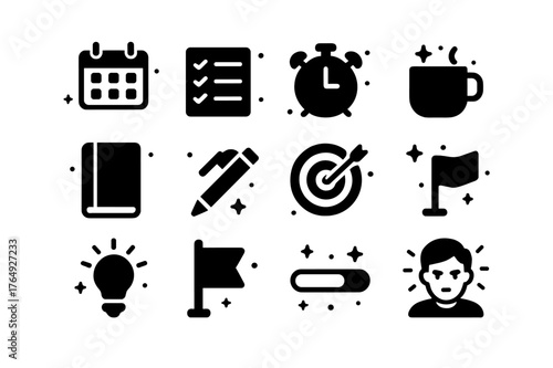Overcoming Procrastination Icons. Overcoming Procrastination. Solid icons set of Overcoming Procrastination: calendar, checklist, alarm clock, coffee cup,