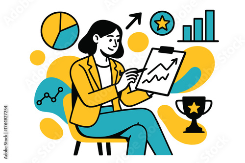 Empowered Female Founders. Female Founders and Startups. Female founder reviewing financial charts with floating abstract graphs and success icons, analytical