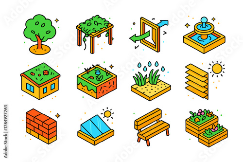 Green Urban Icons. Green architecture in urban spaces without technology. Colorful isometric vector icons set of Green architecture in urban spaces without