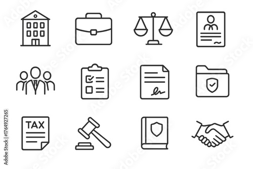 Corporate Law Icons. Corporate Law. Line icon set of Corporate Law: building silhouette, briefcase, balance scale, business contract, legal team, compliance